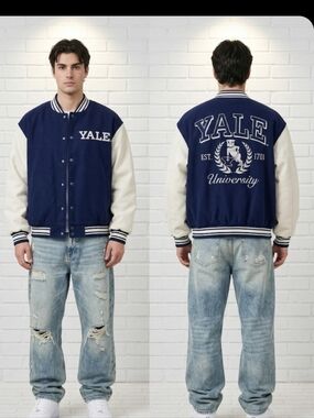 YALE University Men's Oversized Varsity Bomber Jacket Navy  Medium Vintage Style